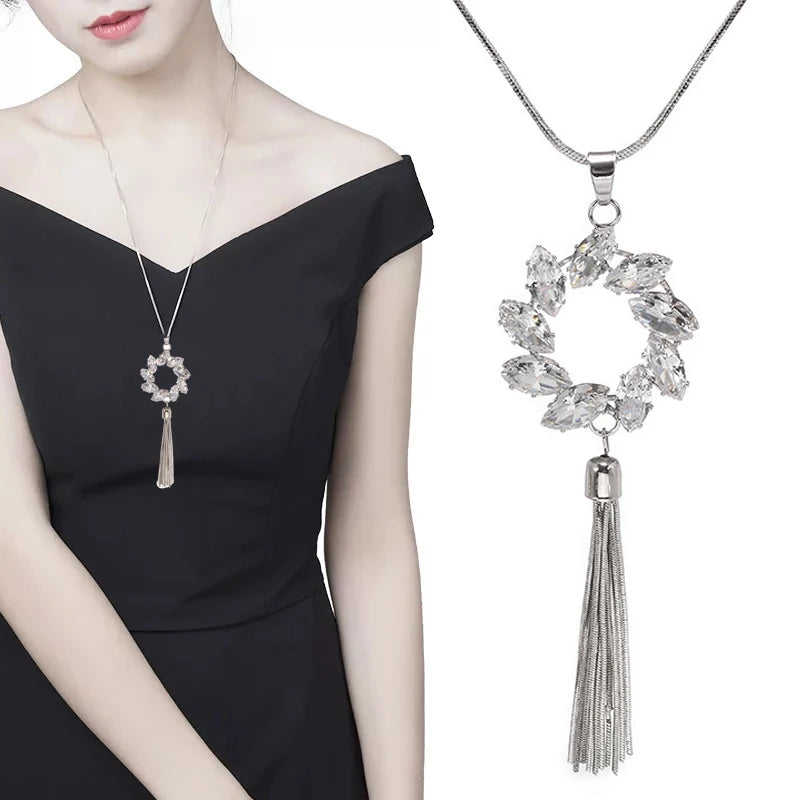 Fashion Zircon CZ Circle Women Necklace Long Necklaces & Pendants Geometric with Tassel Sweater Chain for Jewelry