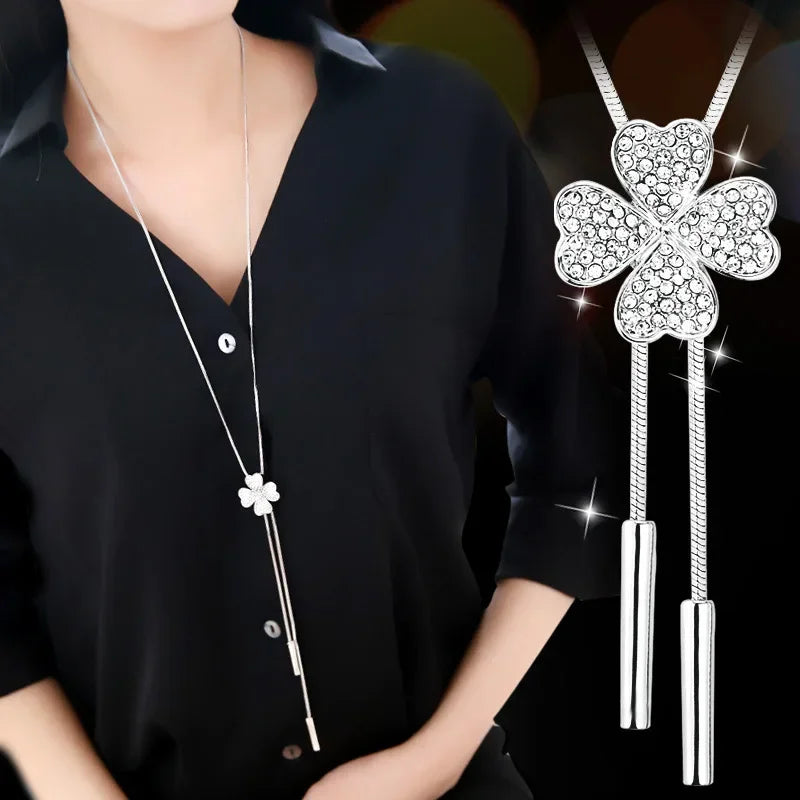 Luxury Famous Brand Design Crystal Clover Pendant Long Necklace Women Silver Color Jewelry Femalel Sweater Chain Necklace