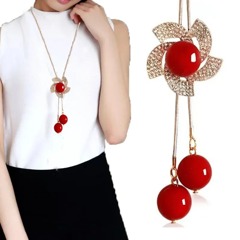 Fashion Red Pearl Flower Long Chain Sweater Necklaces & Pendants for Women Rhinestone Moon Pendant Necklace Female Jewelry