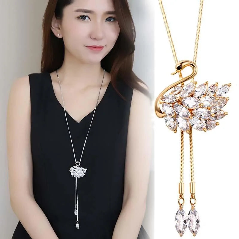 Fashion Crystal Gold Color Swan Long Necklaces & Pendants for Women Jewelry Statement Sweater Necklace Dress Accessories