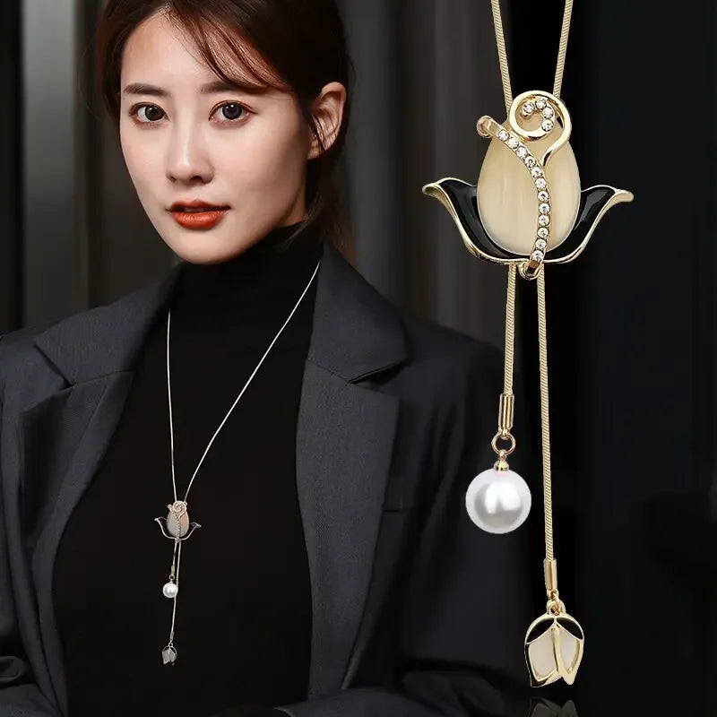Elegant Opal Tulip Long Necklaces & Pendants Fashion Flower Statement Necklace for Women Collier Femme Pearl Choker Jewelry