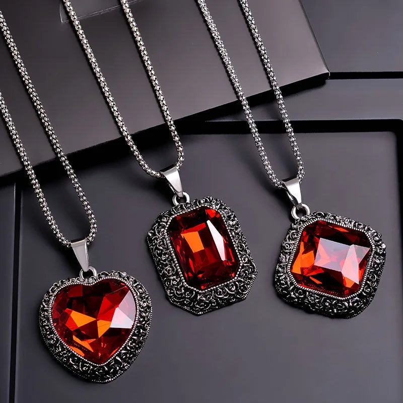 Women Red Heart Long Chain Necklace Pendant Fashion Crystal Square Geometric Necklaces Sweater Chain Jewelry Collar Accessories