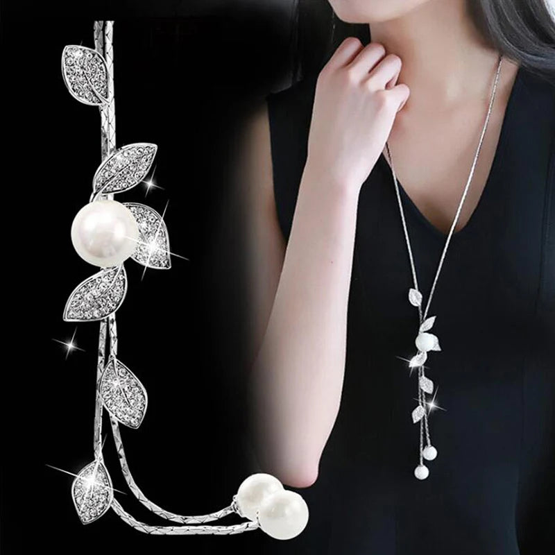 Fashion Elegant Rhinestone Leaf Pearl Tassel Long Necklace for Women Accessories Decoration Sweater Chain Jewelry