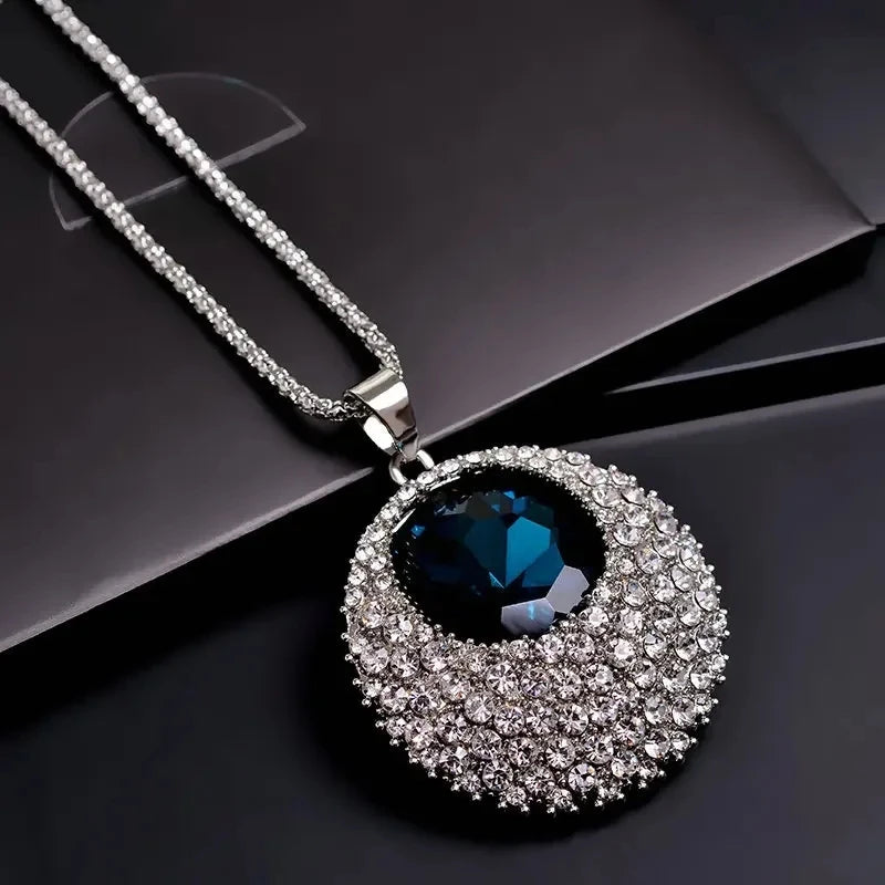 Luxury Blue Crystal Ocean Round Long Chain Necklaces & Pendants for Women Fashion Female Collier Femme Party Jewelry