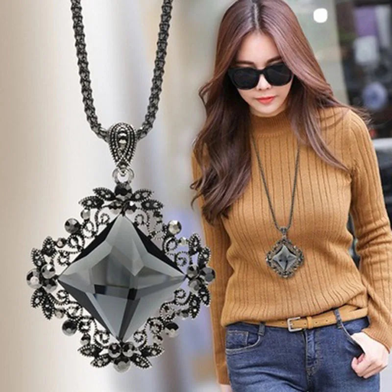 Antique Silver Crystal Square Long Necklaces & Pendants for Women Maxi Collier Femme Vintage Statement Colar Accessories Jewelry