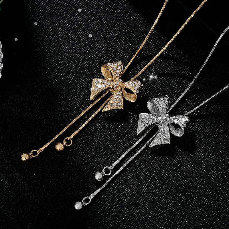Elegant Fashion Crystal Bow Knot Pendant Necklace for Women Rhinestone Long Sweater Chain Winter Jewelry Accessories Gift