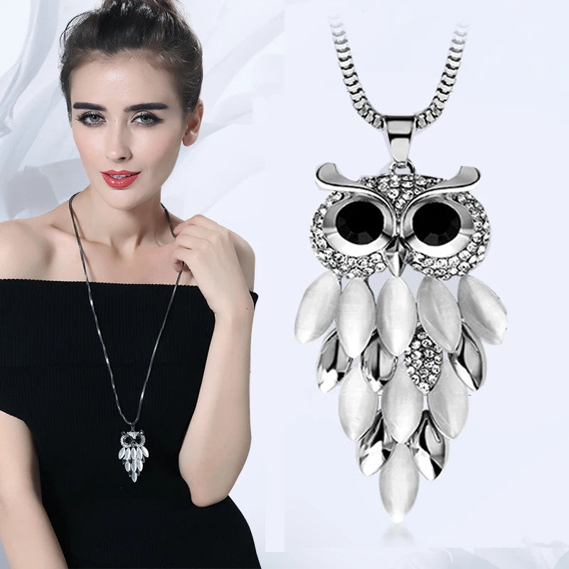 2024 Fashion Crystal Opal Owl Long Necklace for Women New Statement Sweater Chain Necklaces