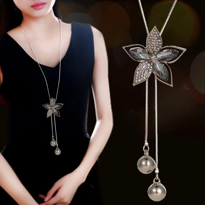 Fashion Women Sweater Chain Necklace Crystal Rhinestone Flower Long Necklaces Jewelry All Match Clothing Accessories