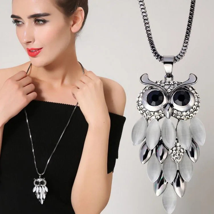 2024 Fashion Crystal Opal Owl Long Necklace for Women New Statement Sweater Chain Necklaces