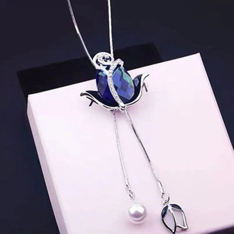 Crystal Tulip Flower Long Necklaces & Pendants for Women 2024 Fashion Female Collier Femme Party Winter Jewelry