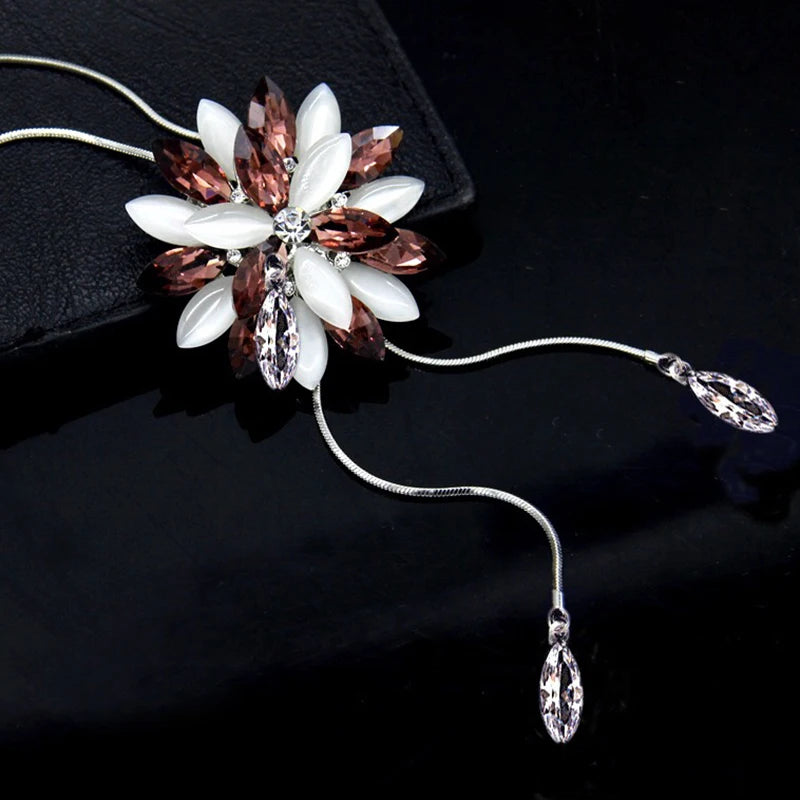 2024 Snowflake Pink Zircon Long Necklace Sweater Chain Crystal Rhinestone Opal Flower Pendant Necklaces Adjustable