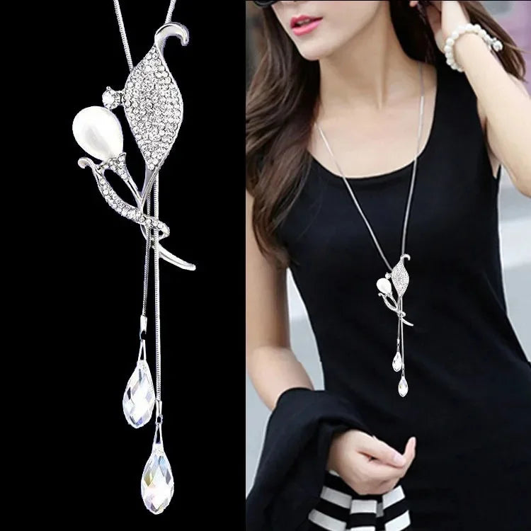 Fashion Rhinestone Crystal Flower Necklaces & Pendants for Women Trendy Long Necklace Collier Femme Female Chain Jewelry