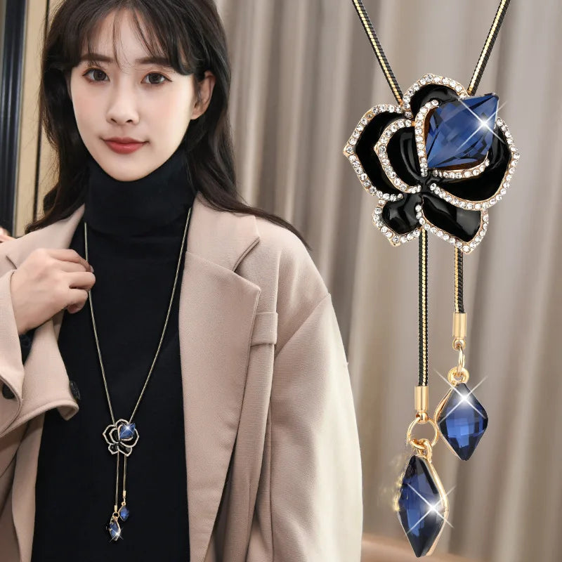 Women Camellia Flower Pendant Necklaces 2024 Elegant Long Sweater Chain Decorative Crystal Necklace Pendant