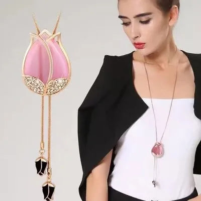 Fashion Elegant Crystal Opal Tulip Pendant Long Necklace for Women Accessories Decoration Sweater Chain Jewelry