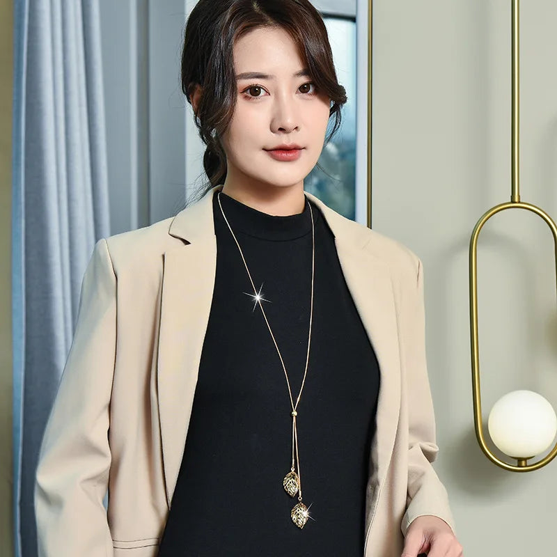 Fashion Hollow Leaf with Zircon Crystal Sweater Necklaces Pendants Long Necklace for Women Holiday Gifts