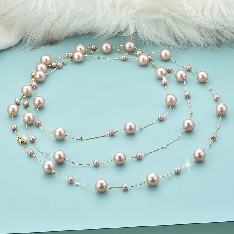 2024 New Double Layer Pink Simulated Pearl Long Necklace Women Sweater Chain Female Collares Statement Jewlery