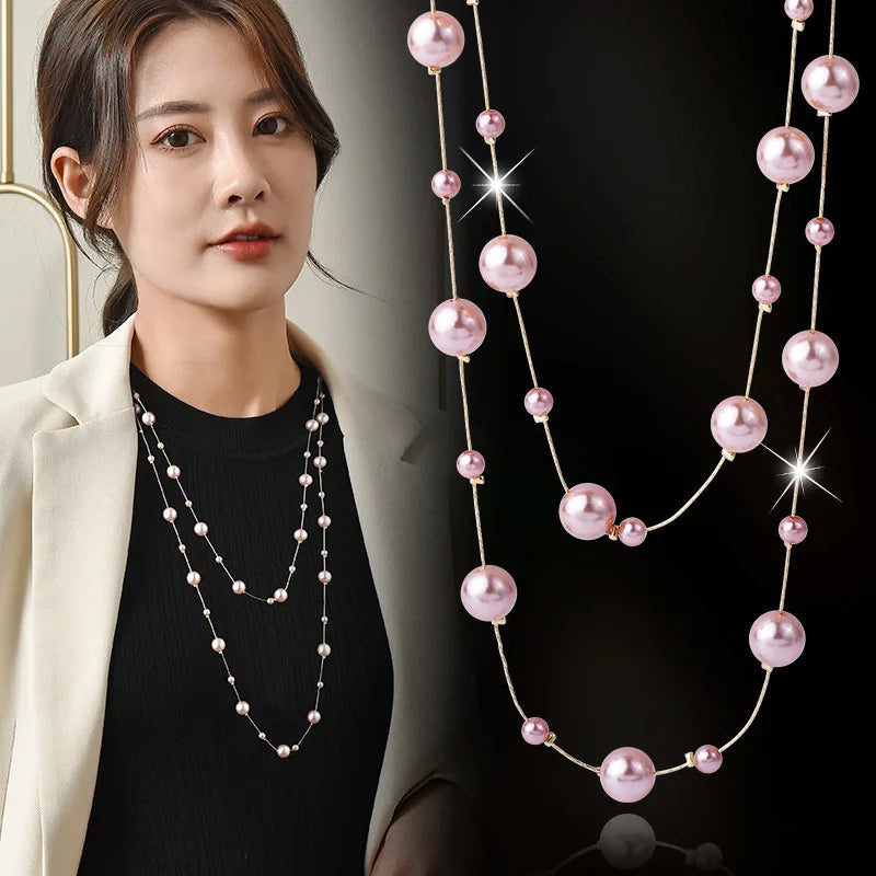 2024 New Double Layer Pink Simulated Pearl Long Necklace Women Sweater Chain Female Collares Statement Jewlery