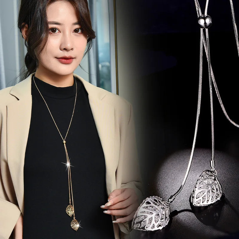 Fashion Hollow Leaf with Zircon Crystal Sweater Necklaces Pendants Long Necklace for Women Holiday Gifts