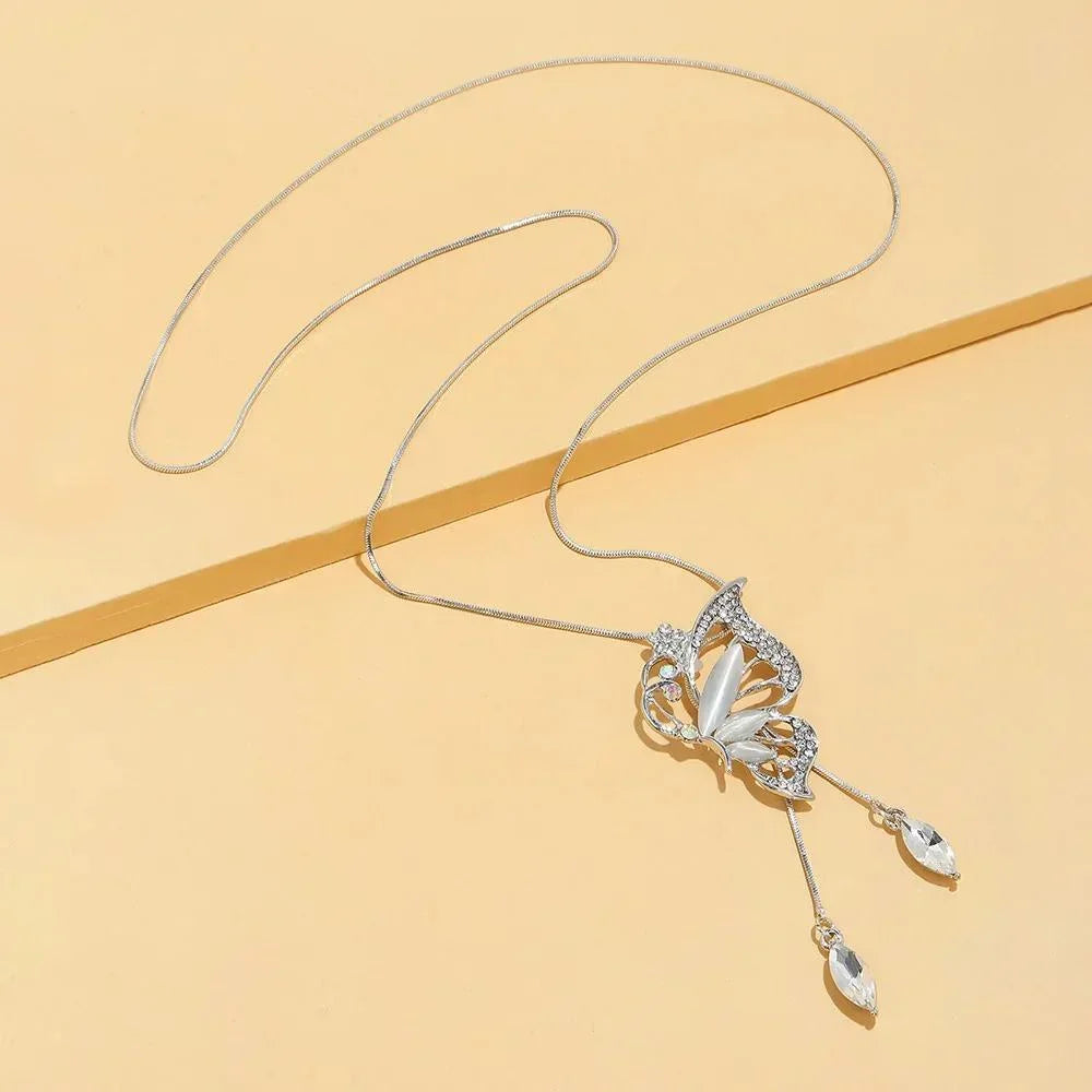 2024 New Fashion Opal Crystal Butterfly Wings Long Necklaces & Pendants For Women Simple Trendy Jewelry Sweater Chain