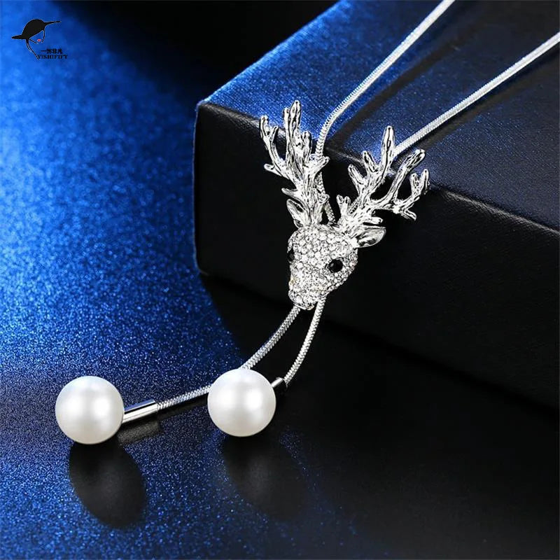 Christmas Deer Long Sweater Chain Necklaces for Women Simulated Pearl Pendants & Necklaces Female New Fashion Jewelry