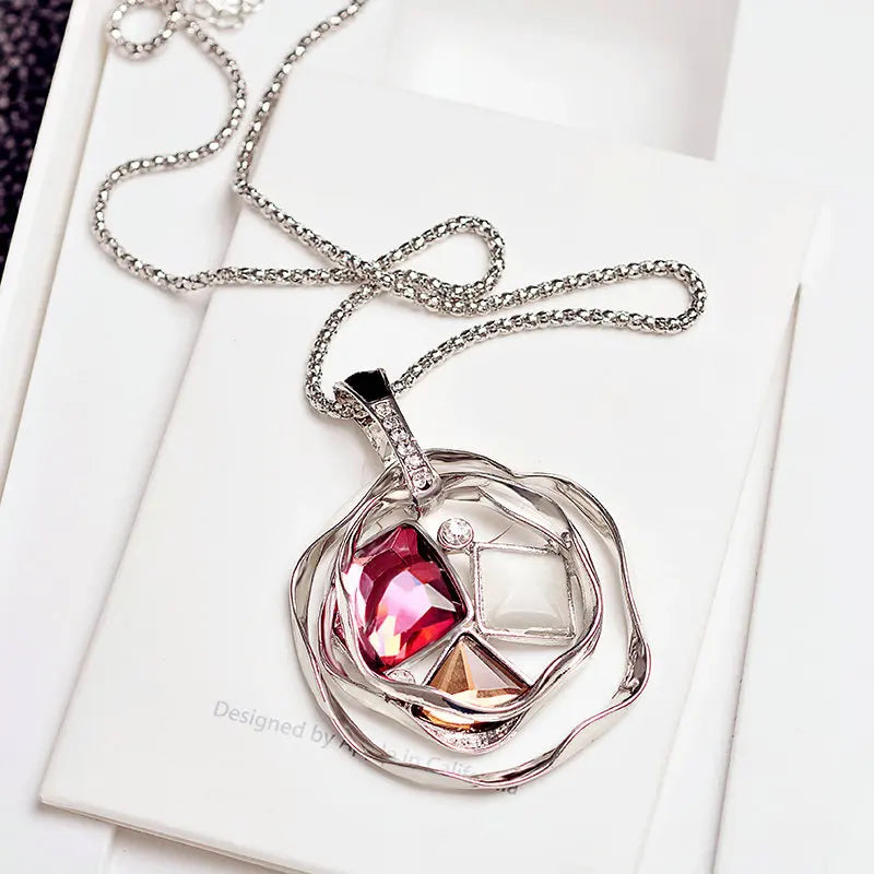 Multilayer Geometry Long Pendant Necklaces for Women Vintage Crystal Opal Temperament Sweater Chain Jewelry Accessories Gift