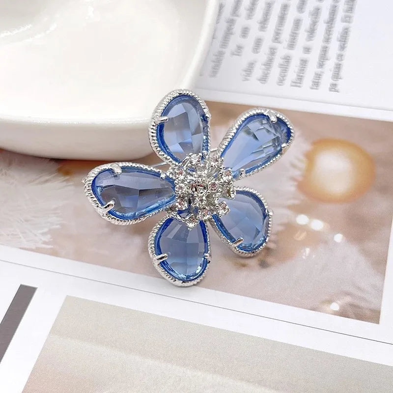 Fashion Silver Color Blue Crystal Flower Stud Earrings Open Ring Brooches for Women Accessories Sweet Girls Party Jewelry Gifts