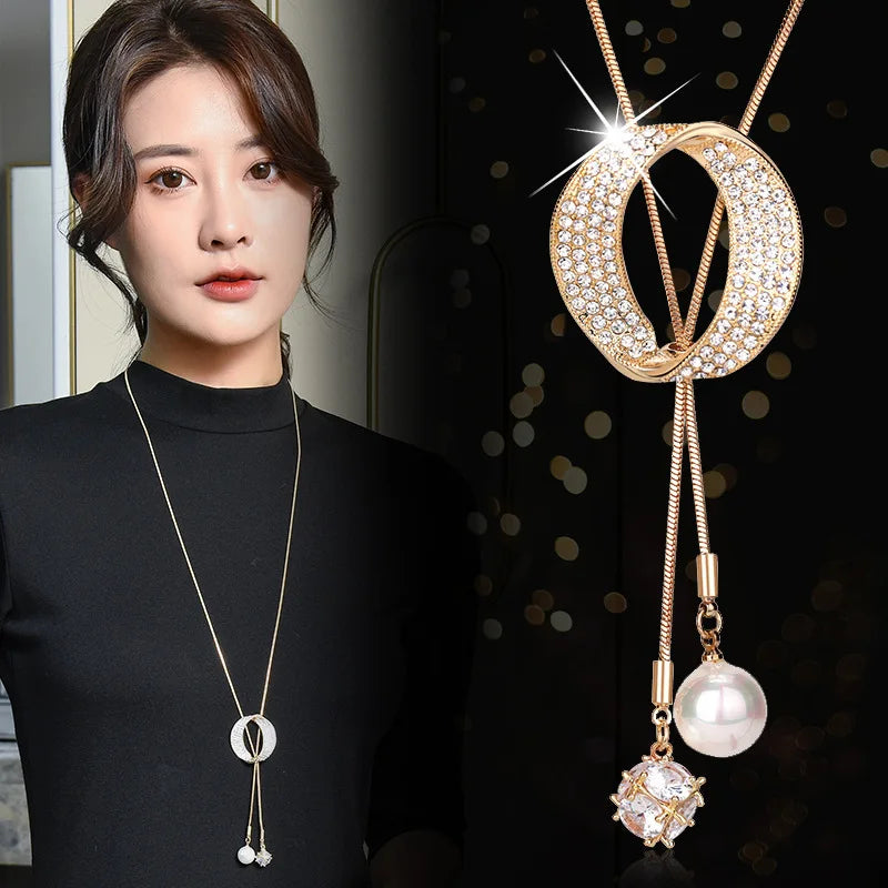 Fashion Long Chain Sweater Necklaces & Pendants for Women Zircon Round Circle Pendant Necklace Female Jewelry