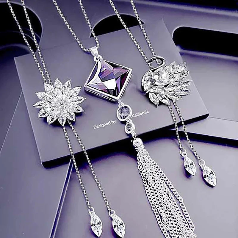 Fashion Swan Snowflake Long Necklace Sweater Chain Metal Chain Square Tassel Women Girls Pendant Necklaces Accessories Jewelry
