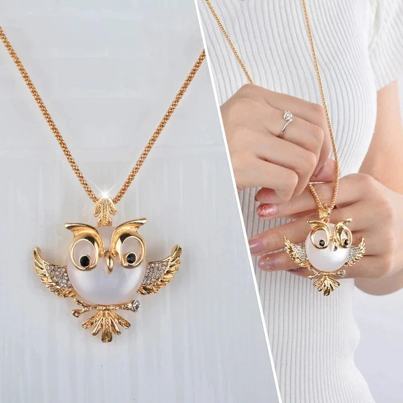 2024 New Fashion Design Sense Opal Cute Owl Pendant Long Necklace Sweater Chain Jewelry for Woman Gifts