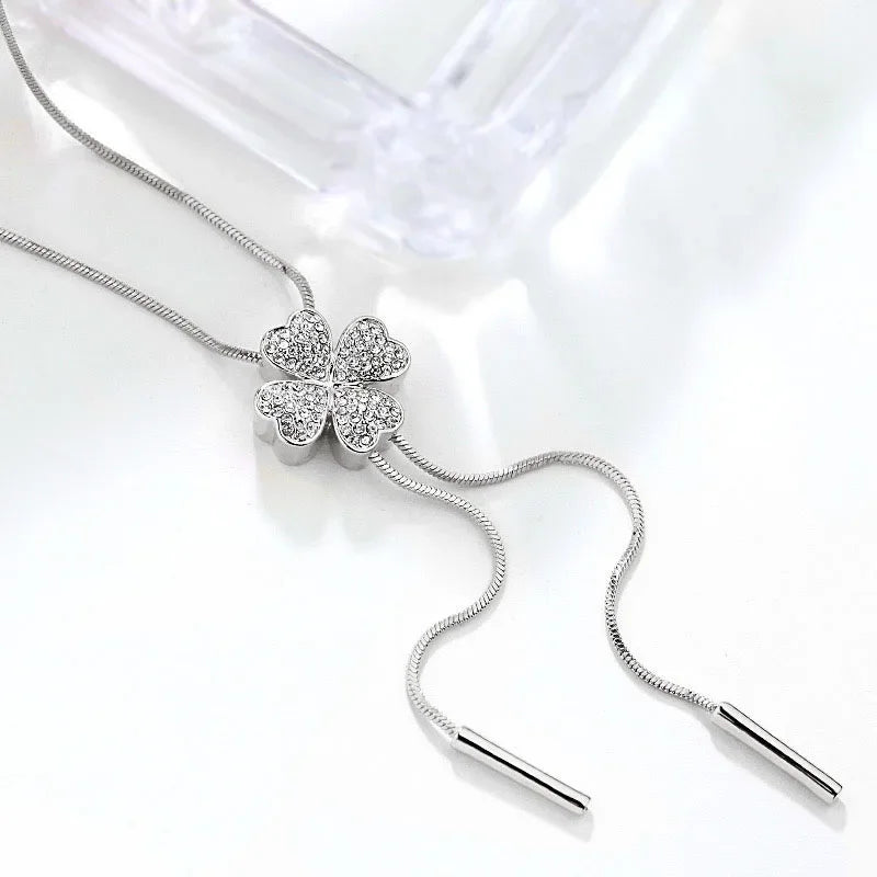 Luxury Famous Brand Design Crystal Clover Pendant Long Necklace Women Silver Color Jewelry Femalel Sweater Chain Necklace