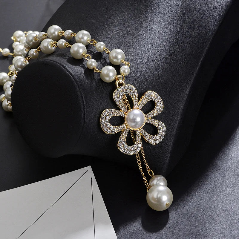 Vintage Lady Long Pearl Necklace for Women Elegant Fashion Crystal Flower Party Jewelry Collares De Moda