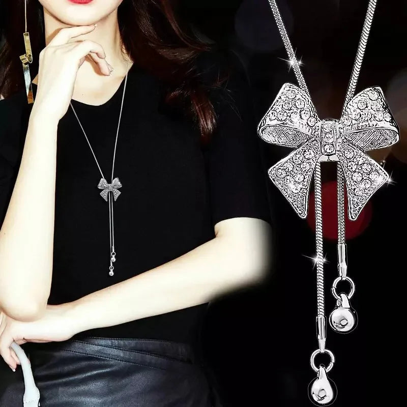 Elegant Fashion Crystal Bow Knot Pendant Necklace for Women Rhinestone Long Sweater Chain Winter Jewelry Accessories Gift