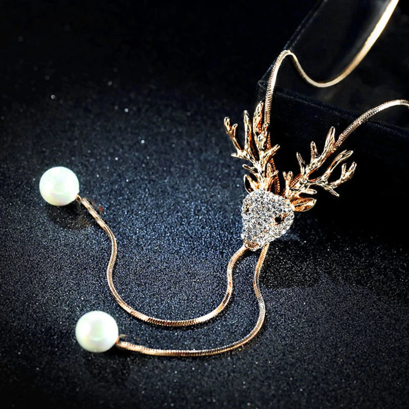 Christmas Deer Long Sweater Chain Necklaces for Women Simulated Pearl Pendants & Necklaces Female New Fashion Jewelry