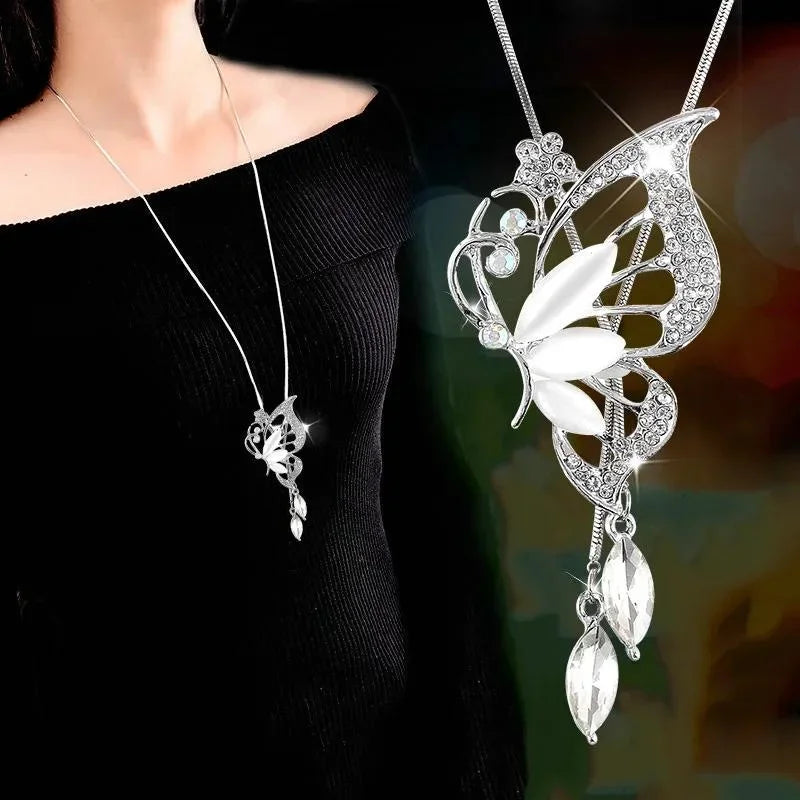2024 New Fashion Opal Crystal Butterfly Wings Long Necklaces & Pendants For Women Simple Trendy Jewelry Sweater Chain