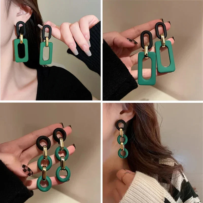 Vintage Green Color Acrylic Dangle Earrings for Women Korean Statement Geometric Earrings Jewelry