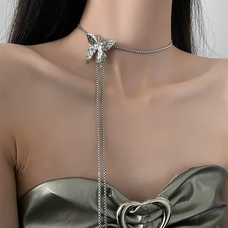 Gothic Punk Butterfly Stainless Steel Necklace Women Wed Bridal Sexy Adjustable Choker Mariage Jewelry Y2K Accessories