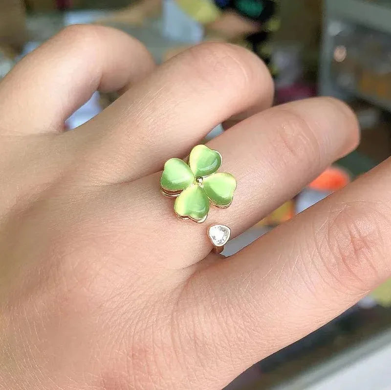 Stainless Steel Green Clover Necklace Earrings Ring for Women New Gold Color Zircon Opal Stone Jewelry Gift