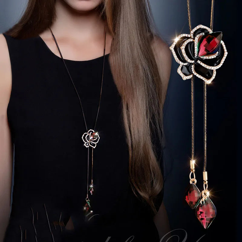 Women Camellia Flower Pendant Necklaces 2024 Elegant Long Sweater Chain Decorative Crystal Necklace Pendant