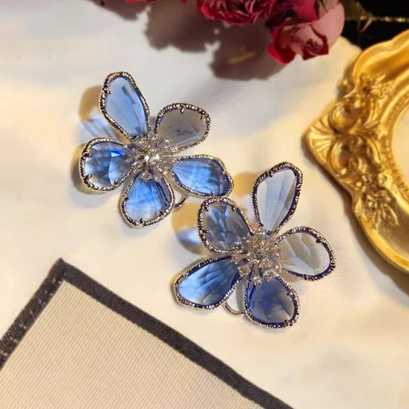 Fashion Silver Color Blue Crystal Flower Stud Earrings Open Ring Brooches for Women Accessories Sweet Girls Party Jewelry Gifts