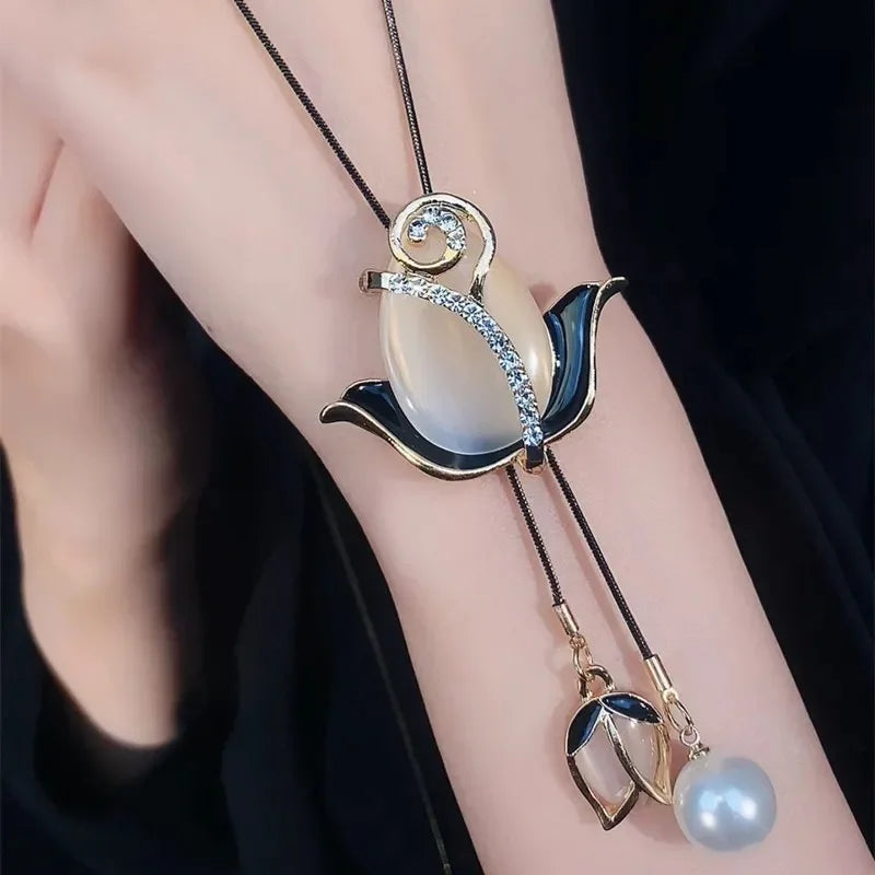 New Arrival Opal Tulip Long Necklaces for Women 2024 Fashion Crystal Statement Necklaces & Pendants Accessories
