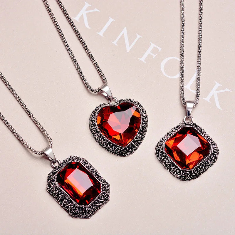 Women Red Heart Long Chain Necklace Pendant Fashion Crystal Square Geometric Necklaces Sweater Chain Jewelry Collar Accessories