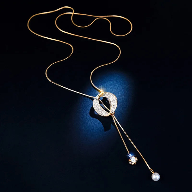 Fashion Long Chain Sweater Necklaces & Pendants for Women Zircon Round Circle Pendant Necklace Female Jewelry