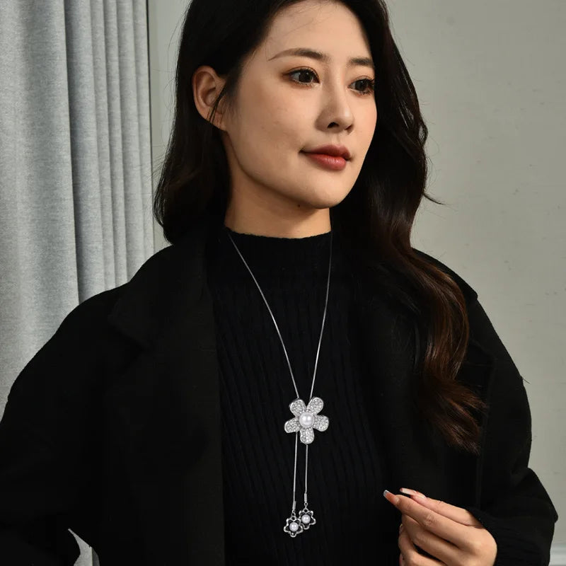 New Fashion Crystal Opal Plum Blossom Flower Tassel Long Necklace Sweater Chain Women Gifts Jewelry
