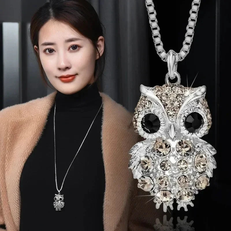 2024 New Korean Cute Sweater Chain Crystal Owl Necklace Long Women's Autumn and Winter Clothes Pendant Accessories