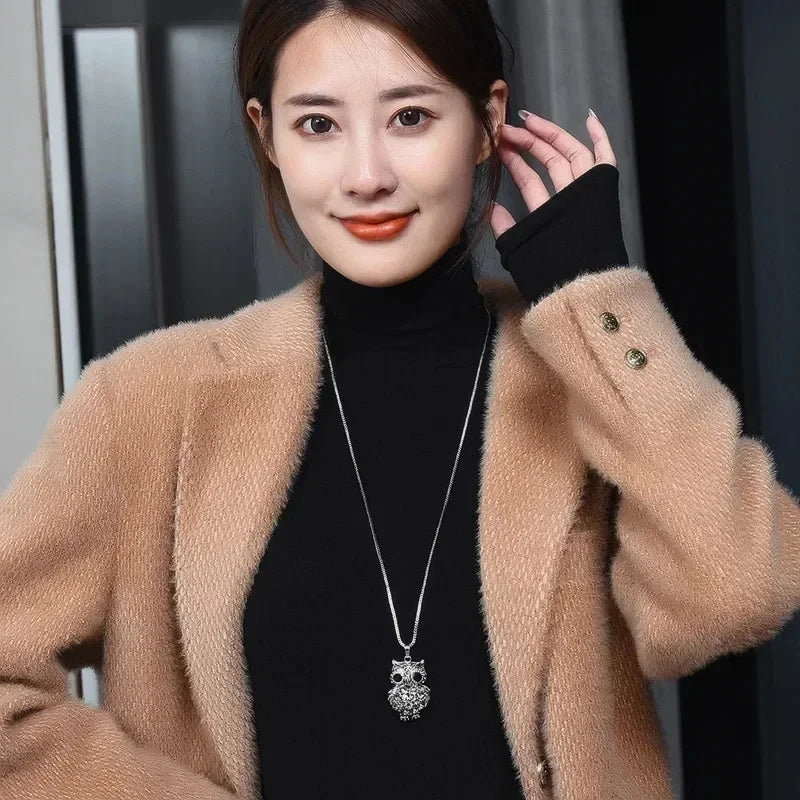 2024 New Korean Cute Sweater Chain Crystal Owl Necklace Long Women's Autumn and Winter Clothes Pendant Accessories