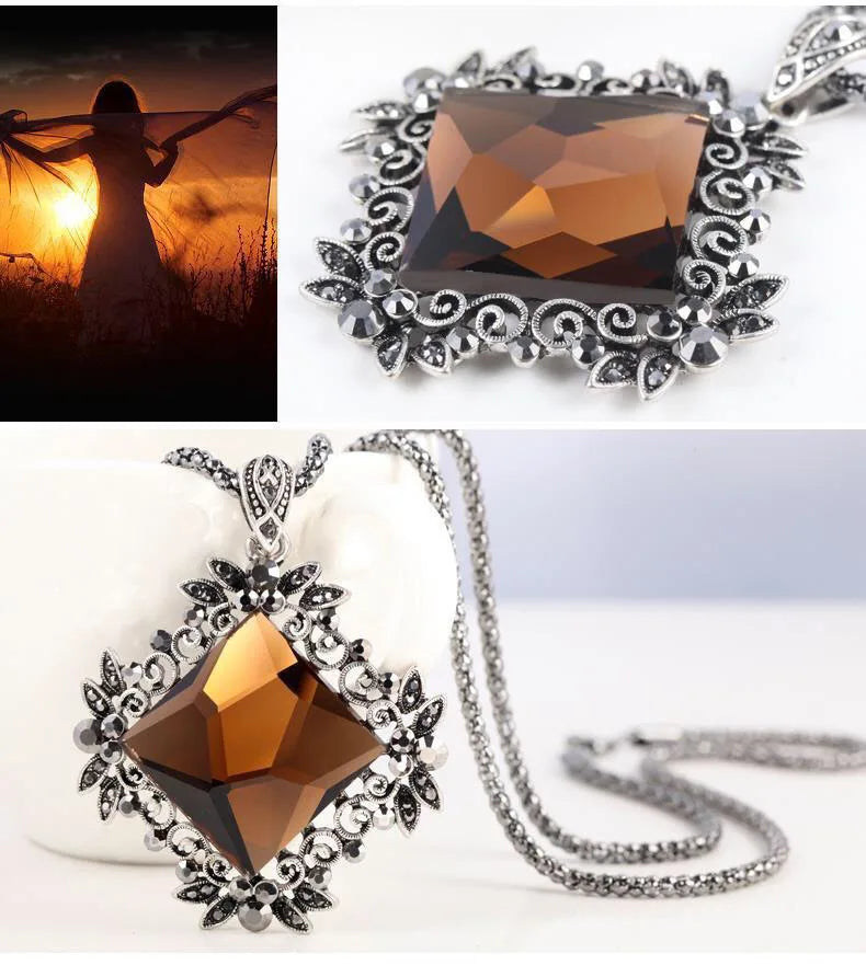 Antique Silver Crystal Square Long Necklaces & Pendants for Women Maxi Collier Femme Vintage Statement Colar Accessories Jewelry