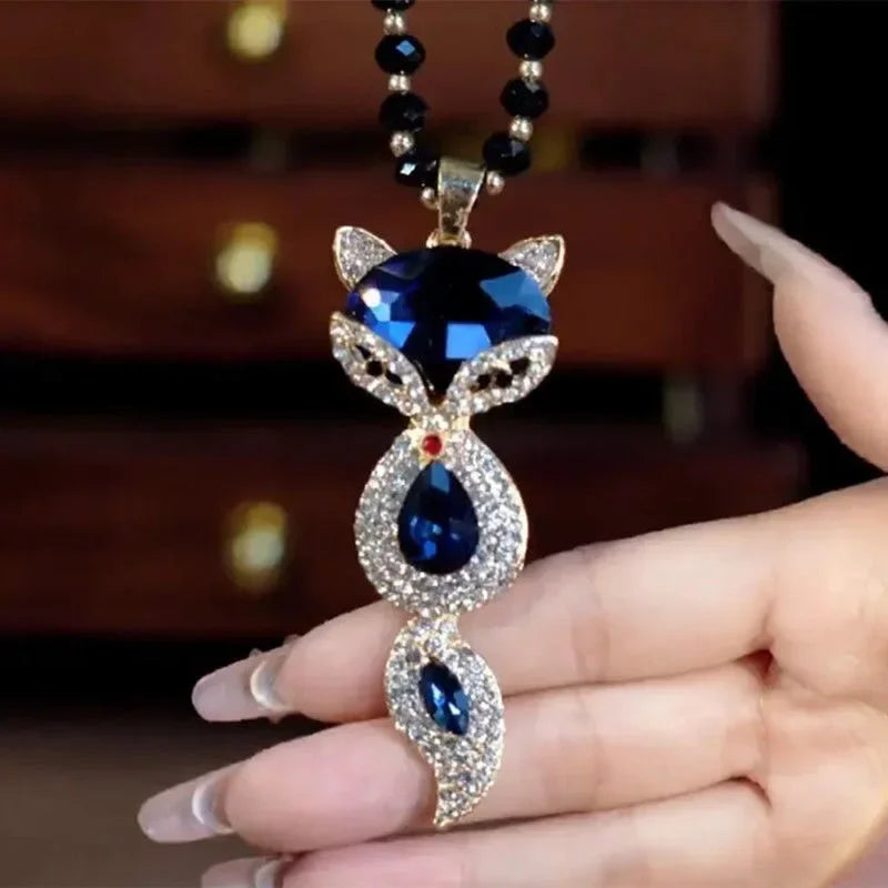 Fashion Luxury Rhinestone Fox Handmade Beaded Long Necklace Sweater Chain Pendant Necklaces Women Jewelry