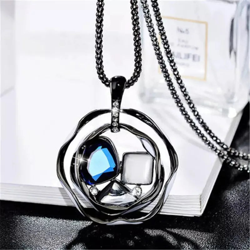 Multilayer Geometry Long Pendant Necklaces for Women Vintage Crystal Opal Temperament Sweater Chain Jewelry Accessories Gift