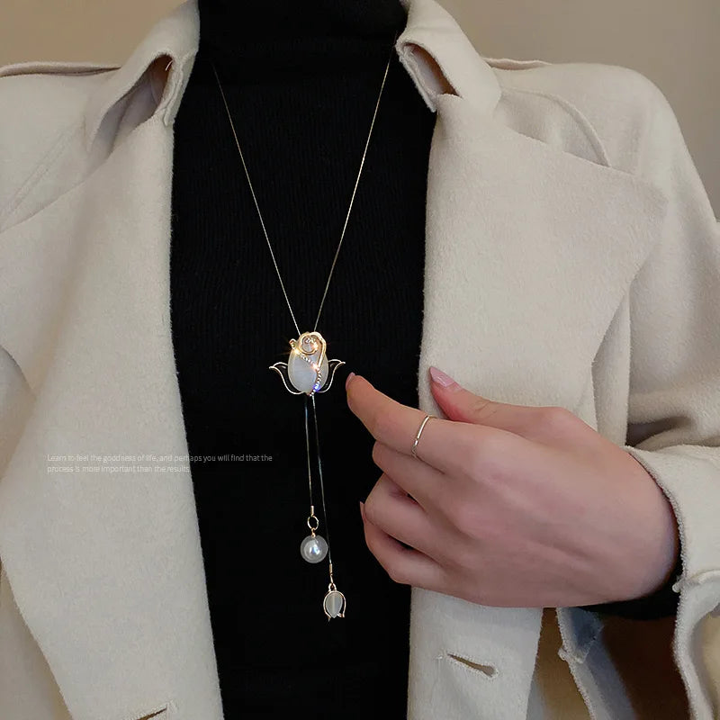 New Arrival Opal Tulip Long Necklaces for Women 2024 Fashion Crystal Statement Necklaces & Pendants Accessories